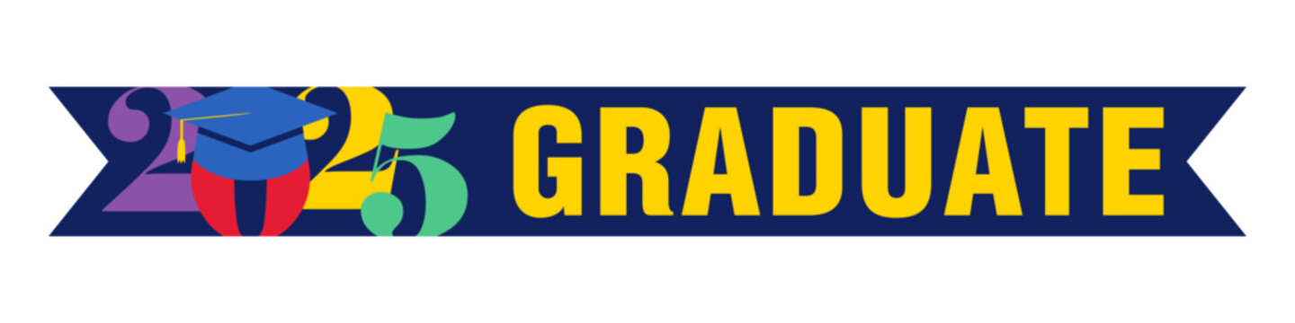 Graduate 2025 celebrating blue ribbon with colourful graphic elements and isolated clipping mask. Horizontal banner. Web button concept. Cute creative numbers 20 25 with mortarboard and text design.