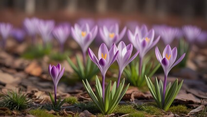 Spring flowers crocus blooming from the ground. The arrival of the warm season. symbolic flower for the spice saffron