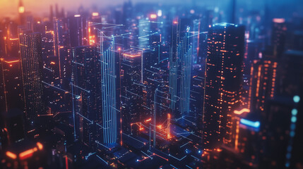 Fototapeta premium Smart digital Innovation city with connection network reciprocity over the twilight cityscape. of future smart wireless digital city and social media networking systems that connects people with city