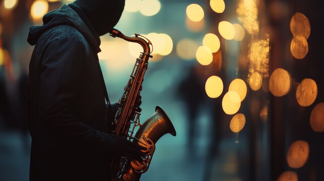 A street musician, silhouetted against bokeh lights, plays the saxophone on a misty evening, creating a soulful and atmospheric scene. - Powered by Adobe