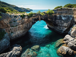 Aerial view of a stunning natural stone arch over turquoise waters, surrounded by dramatic cliffs...