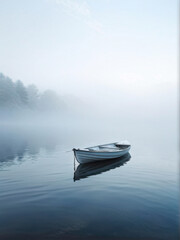 Naklejka premium A solitary rowboat floats motionless on a foggy lake, blending seamlessly with the misty surroundings in a tranquil atmosphere. Generative AI