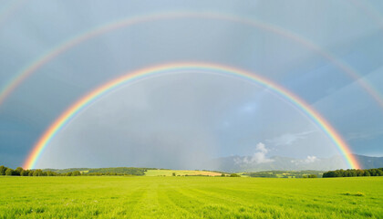 Naklejka premium Rainbow arching over green field
