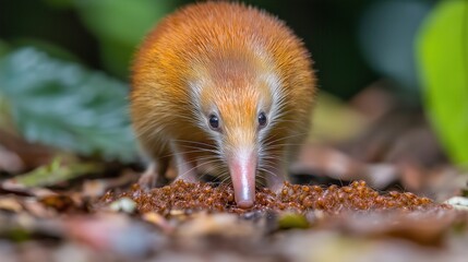 Obraz premium Curious lowland streaked tenrec exploring forest floor amidst leaf litter and dense greenery in vibrant natural habitat