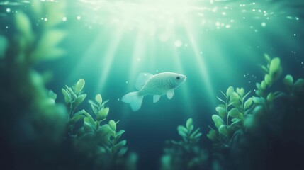 Fototapeta premium Solitary fish gracefully navigating sunlit underwater scene surrounded by lush aquatic plants in tranquil turquoise waters