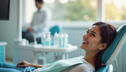 Smiling woman relaxing in dental chair against modern clinic background