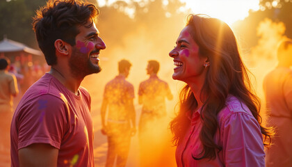 Happy couple celebrating Holi festival with colorful powders