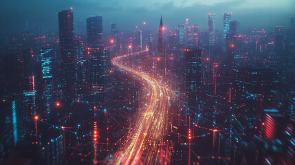 Fototapeta premium Smart digital Innovation city with connection network reciprocity over the twilight cityscape. of future smart wireless digital city and social media networking systems that connects people with city