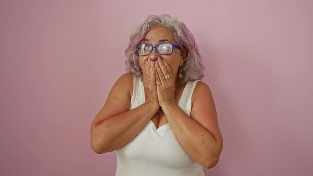 Elderly woman with grey hair and glasses expressing surprise with hands covering mouth, over an isolated pink background