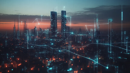 Fototapeta premium Smart digital Innovation city with connection network reciprocity over the twilight cityscape. of future smart wireless digital city and social media networking systems that connects people with city