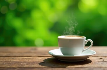 Obraz premium Morning coffee, coffee on wooden table Green background