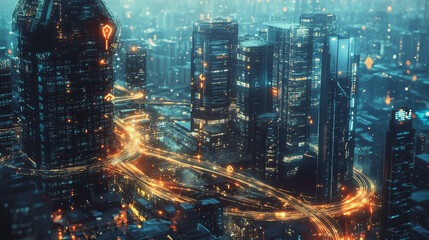 Fototapeta premium Smart digital Innovation city with connection network reciprocity over the twilight cityscape. of future smart wireless digital city and social media networking systems that connects people with city