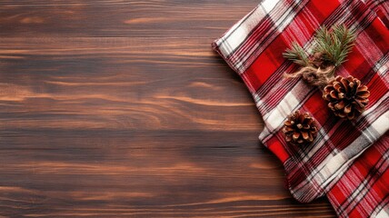 Obraz premium Rustic wooden table with cozy red blanket and pinecones for festive holiday atmosphere
