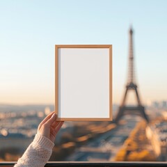 Hand holding empty frame with iconic Eiffel Tower in background
