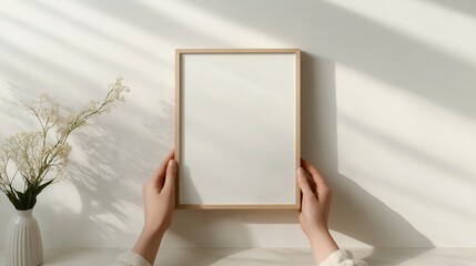 Minimalist scene showcasing hands holding an empty frame, sunlig