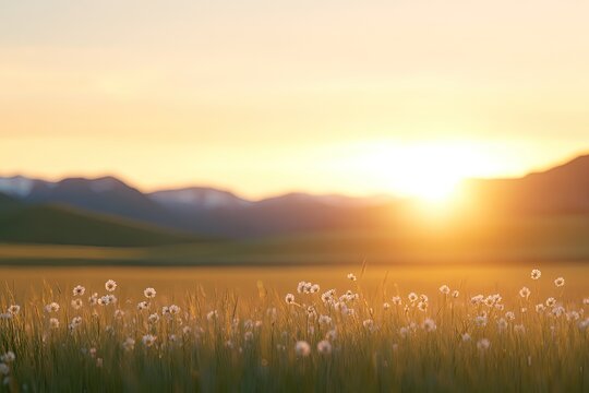 Golden sunlight bathes tranquil meadow filled with blooming dand