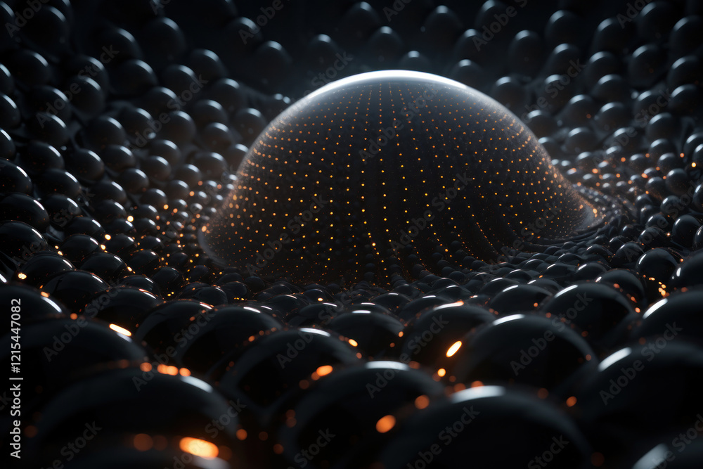 Poster an abstract composition with a large spherical object in the center, which is surrounded by many sma