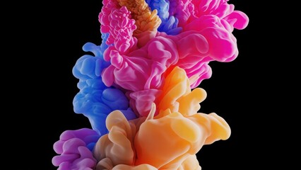 Obraz premium Dynamic Flow of Colorful Ink Clouds in Water, Vibrant Gradient of Purple, Yellow, and Cyan, Abstract Texture and Organic Shapes on a Black Backdrop