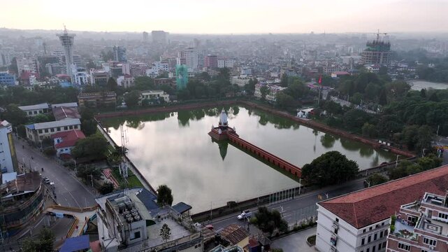 Drone video of Rani Pokhari,  a historic artificial pond dating back to the 17th century in the heart of Kathmandu, Nepal