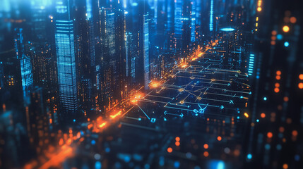 Fototapeta premium Smart digital Innovation city with connection network reciprocity over the twilight cityscape. of future smart wireless digital city and social media networking systems that connects people with city