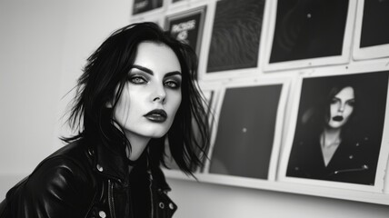 Punk, goth rock girl browsing through vinyl records in a punk music store. Wearing leather jacket and dark make-up. Fashion. Style. Black and white.	