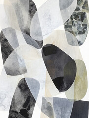 Abstract composition featuring gray and black shapes over a white background with a layered design