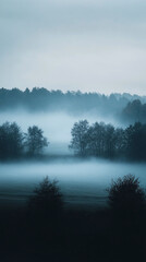 Obraz premium Mysterious fog envelops a serene landscape with silhouettes of trees against a dark backdrop
