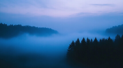 Fototapeta premium Majestic fog envelops a serene forest landscape at twilight, creating an ethereal atmosphere