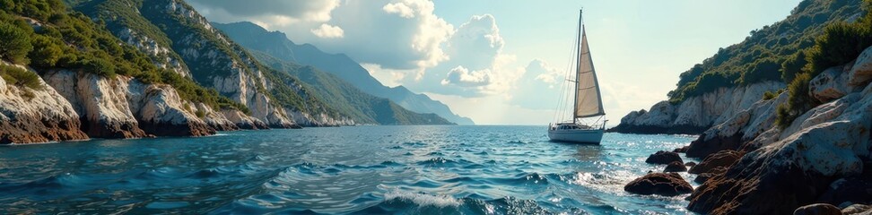 Fototapeta premium Un barco a vela en medio de rocas mojadas con textura rugosa, texturas, barcales, vela