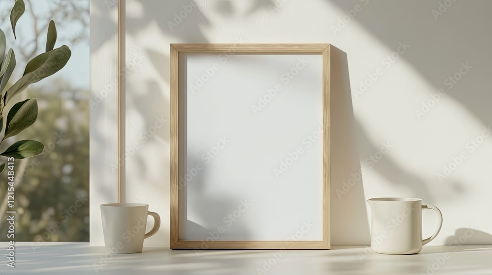 Poster minimalist scene featuring empty frame with two cups and greener