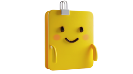 Yellow note paper with a paperclip 3D render icon on a white background isolated