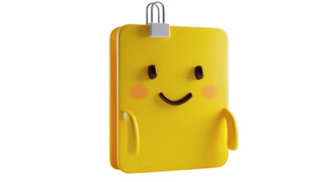 Yellow note paper with a paperclip 3D render icon on a white background isolated