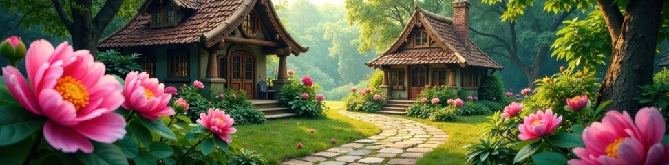 Fototapeta premium Whimsical peony cottage with a winding stone path, whimsy, winding path