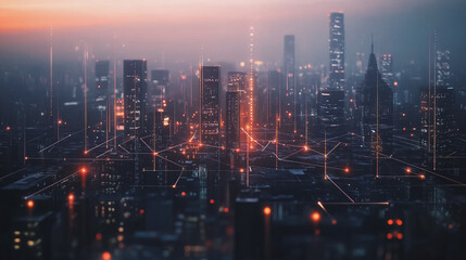 Fototapeta premium Smart digital Innovation city with connection network reciprocity over the twilight cityscape. of future smart wireless digital city and social media networking systems that connects people with city