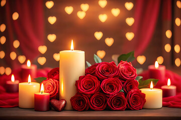 Candles and Roses Romantic Setting for Valentine's Day Decor.