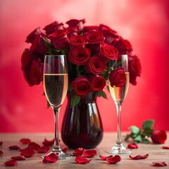 High-resolution stock photo of a still life red roses in a dark brown vase, champagne