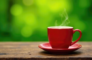Obraz premium hot coffee in red mug on wooden table against green nature background
