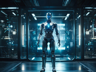 A futuristic humanoid robot stands in a high-tech lab, illuminated by glowing holographic interfaces and advanced AI technology. Generative AI