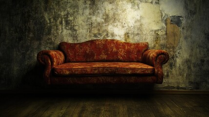Vintage red sofa against damaged, grungy wall