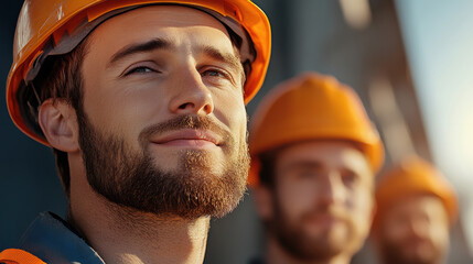 Confident construction workers in helmets radiate pride and teamwork, standing together under a clear blue sky at their worksite.