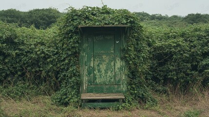 Overgrown field shelter, weathered door, rural scene, tranquil background, nature photography