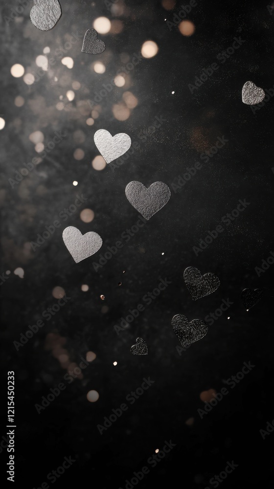 Poster hearts and bokeh effects create a romantic atmosphere in dark background setting