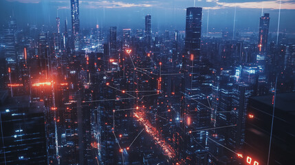Obraz premium Smart digital Innovation city with connection network reciprocity over the twilight cityscape. of future smart wireless digital city and social media networking systems that connects people with city