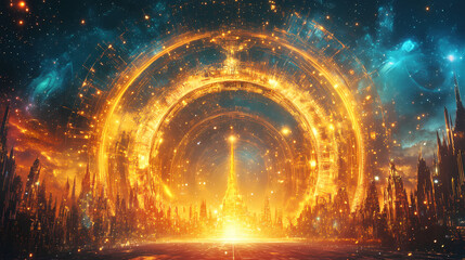 Golden celestial gateway archway cityscape. Celestial Spire. Illustration