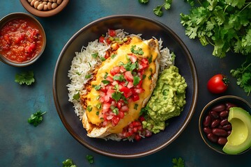 A bright, inviting overhead shot of a chicken chili relleno, stuffed with cheese and chicken, topped with pico de gallo and served with rice, beans, and fresh guacamole on the side.