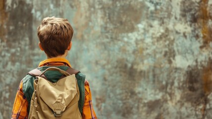 Young boy in plaid shirt with backpack facing textured wall