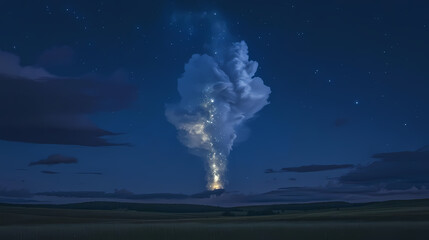 Obraz premium Luminous cloud formation at night, resembling a giant spire reaching towards the starry sky. Celestial Spire. Illustration