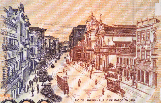 View of Street First of March (Rua Primeiro de Marco) Rio de Janeiro in 1905 on Brazilian 1000 cruzados (1987) banknote. Historical centre of Rio de Janeiro.