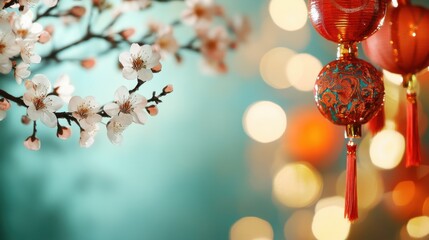 Obraz premium Traditional Chinese dragon and lanterns for Lunar New Year. Wide format perfect for web and email banners. 3D rendered oriental dragon with bokeh lights and festive decorations for digital marketing
