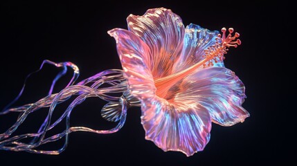 Dreamy Chrome liquid metal isolated hibiscus flower element. Hawaiian 3D render modern design. Isolated holographic futuristic icon. Y2K, brutalism retro futurism